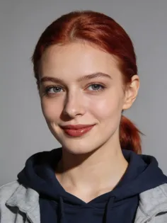 Woman with red hair in a ponytail wearing a hoodie, smiling at the camera