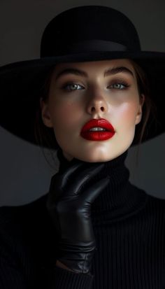 Woman in a black hat and turtleneck with red lipstick and black gloves