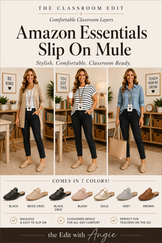 Three women in different outfits showcasing slip-on mules in a classroom setting
