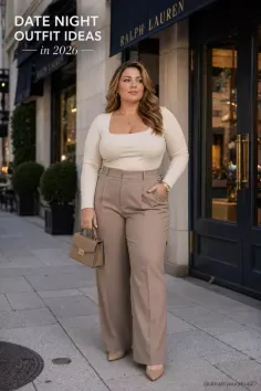 Woman in a beige top and wide-leg pants holding a handbag on a city street