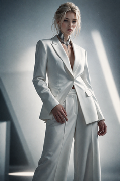 Woman in a white suit with a silver choker and deep V neck