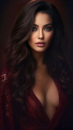 Woman with long dark hair and red lace top with cleavage