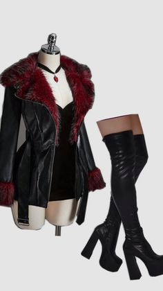Black leather jacket with red fur trim, black dress, and thigh-high boots on a mannequin