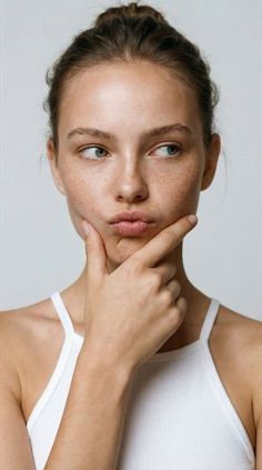 Woman with freckles and a bun, wearing a white tank top, with a pensive expression