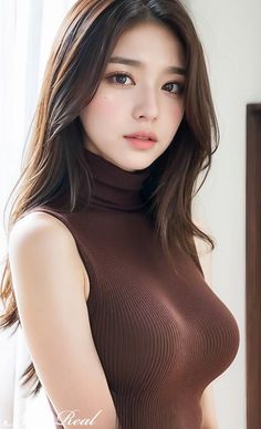 Woman with long brown hair wearing a sleeveless turtleneck top