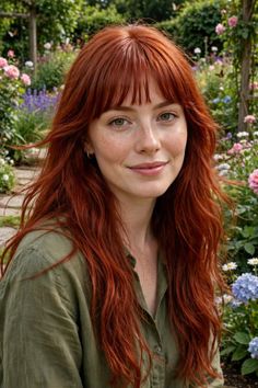Woman with long red hair and freckles smiling in a garden