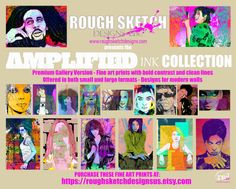 Advertisement for 'Amplified Ink Collection' featuring various pop art celebrity portraits