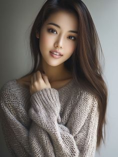 Woman with long brown hair wearing a knitted sweater, looking at the viewer