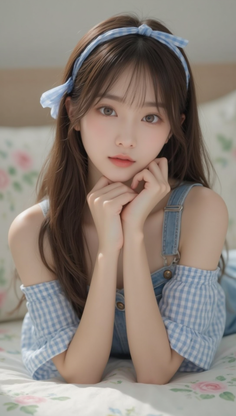 Young woman with long hair and a blue headband, wearing a gingham top and denim overalls