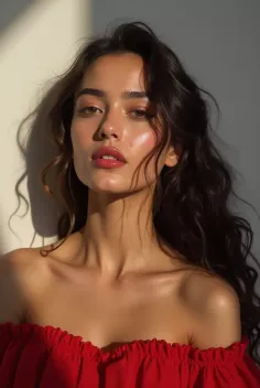 Woman with long wavy hair in a red off-shoulder top with soft lighting