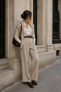 Woman in wide leg pants and a button up shirt leaning against a building
