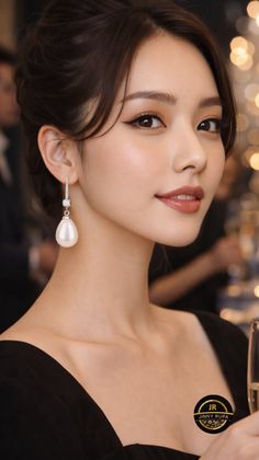 Woman with an updo hairstyle and pearl earrings holding a champagne glass