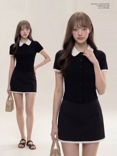 Woman in a black top with a white collar and a black mini skirt in a studio