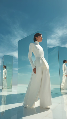 Woman in a white outfit standing among mirrored surfaces under a blue sky