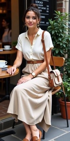 Woman with an updo wearing a collared shirt and long skirt at an outdoor cafe