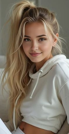 Blonde woman in a white hoodie with a ponytail and exposed midriff