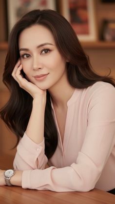 Woman with long dark hair wearing a pink shirt, resting her chin on her hand
