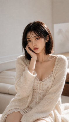 Woman with short hair wearing a knitted cardigan and floral dress indoors