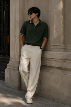 Man in a dark green polo shirt and wide leg pants leaning against a wall