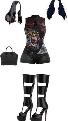 Fashion flat lay with a tiger print top, leather shorts, and high heel boots