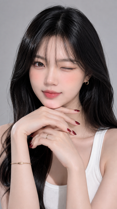 Woman with long black hair winking and wearing a white tank top