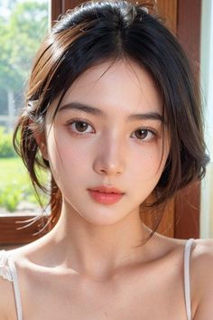 Woman with dark hair and natural makeup in a white strap top indoors