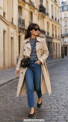 Woman in a trench coat and jeans walking on a cobblestone street
