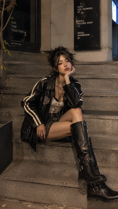 Woman in a leather jacket and long boots sitting on outdoor stairs