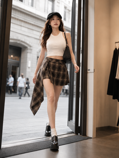 Woman in a plaid skirt and crop top walking out of a doorway onto a street