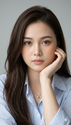 Woman with long hair wearing a striped shirt and silver necklace, chin resting on hand