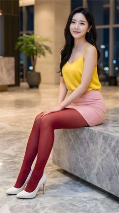 Woman with long black hair wearing a yellow camisole and pink mini skirt