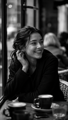 Smiling woman with long hair in a cafe, black and white photograph