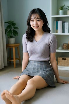 Woman in a plaid skirt and v-neck top sitting on the floor indoors