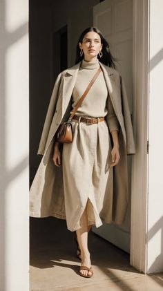 Woman in a long coat and midi skirt walking through a doorway with soft lighting