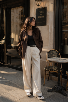 Woman in a brown shirt and wide-leg pants standing outside a cafe