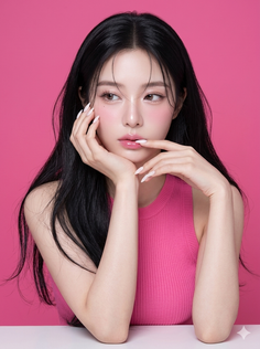 Woman with long black hair in a pink top against a pink background