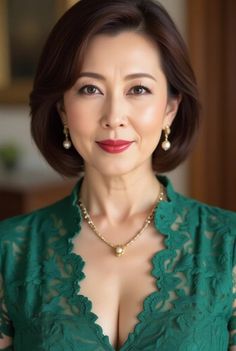Woman with short hair and red lipstick wearing a green lace top and pearl jewelry