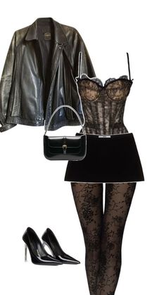 Fashion flat lay featuring a black leather jacket, lace corset, mini skirt, and patterned tights