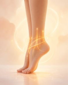 Bare feet with glowing lines and arrows on a warm background
