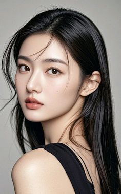 Woman with long black hair wearing a black top, looking over her shoulder