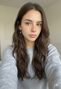 Young woman with long wavy hair and freckles wearing a grey sweatshirt