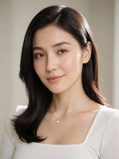 Woman with long black hair and a necklace, looking at the camera