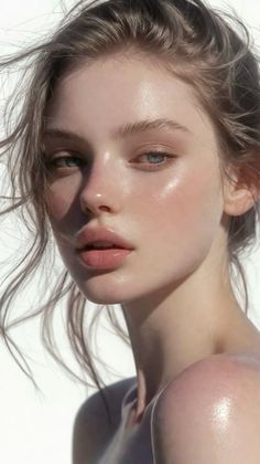 Realistic portrait of a woman with long hair and glossy lips