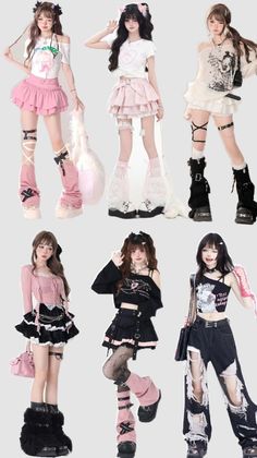 Six women in various gothic and Harajuku-inspired outfits with platform shoes and accessories