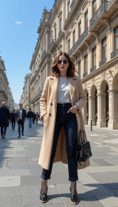 Woman in a long beige coat and sunglasses standing on a city street