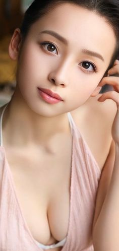 Woman in a pink top with visible cleavage, soft lighting