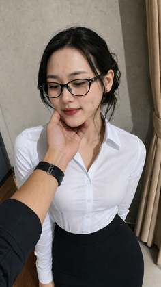 Woman in a white shirt and black skirt with a hand touching her chin