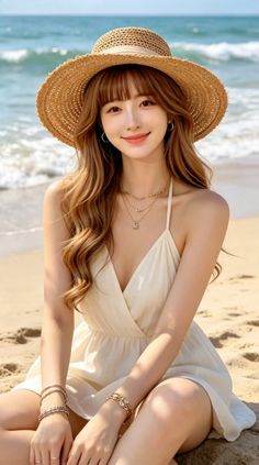 Woman in a straw hat and summer dress sitting on a beach