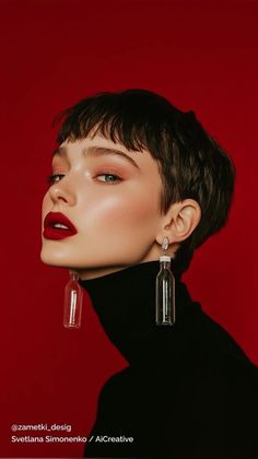 Woman with short hair and red lipstick wearing bottle earrings against a red background