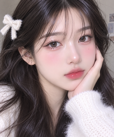 Woman with long dark hair and a white sweater, resting her chin on her hand